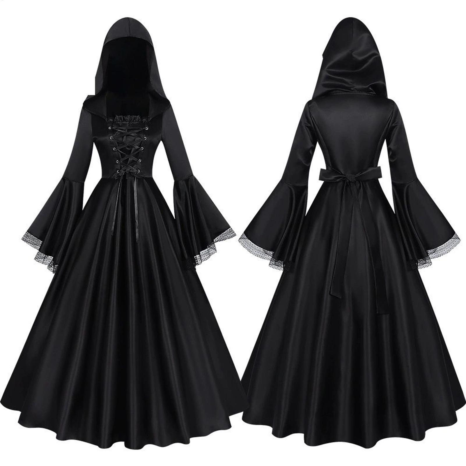 Medieval Renaissance Dress Women - ハロウィン魔女コスチューム 中世ゴシックロングドレス フード付きルネサンスコスプレ ホラードレスアップ 女性用 お化け屋敷劇場用