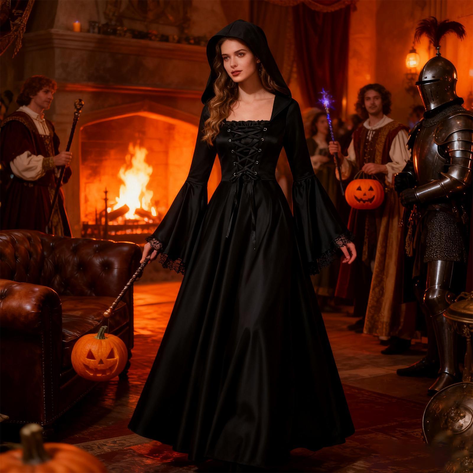 ハロウィン魔女コスチューム 中世ゴシックロングドレス フード - Medieval Renaissance Dress Women のレビューと価格