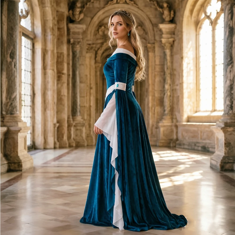 中世ルネサンスエルフスタイルドレス オフショルダー ティール - Medieval Renaissance Dress Women のレビューと価格
